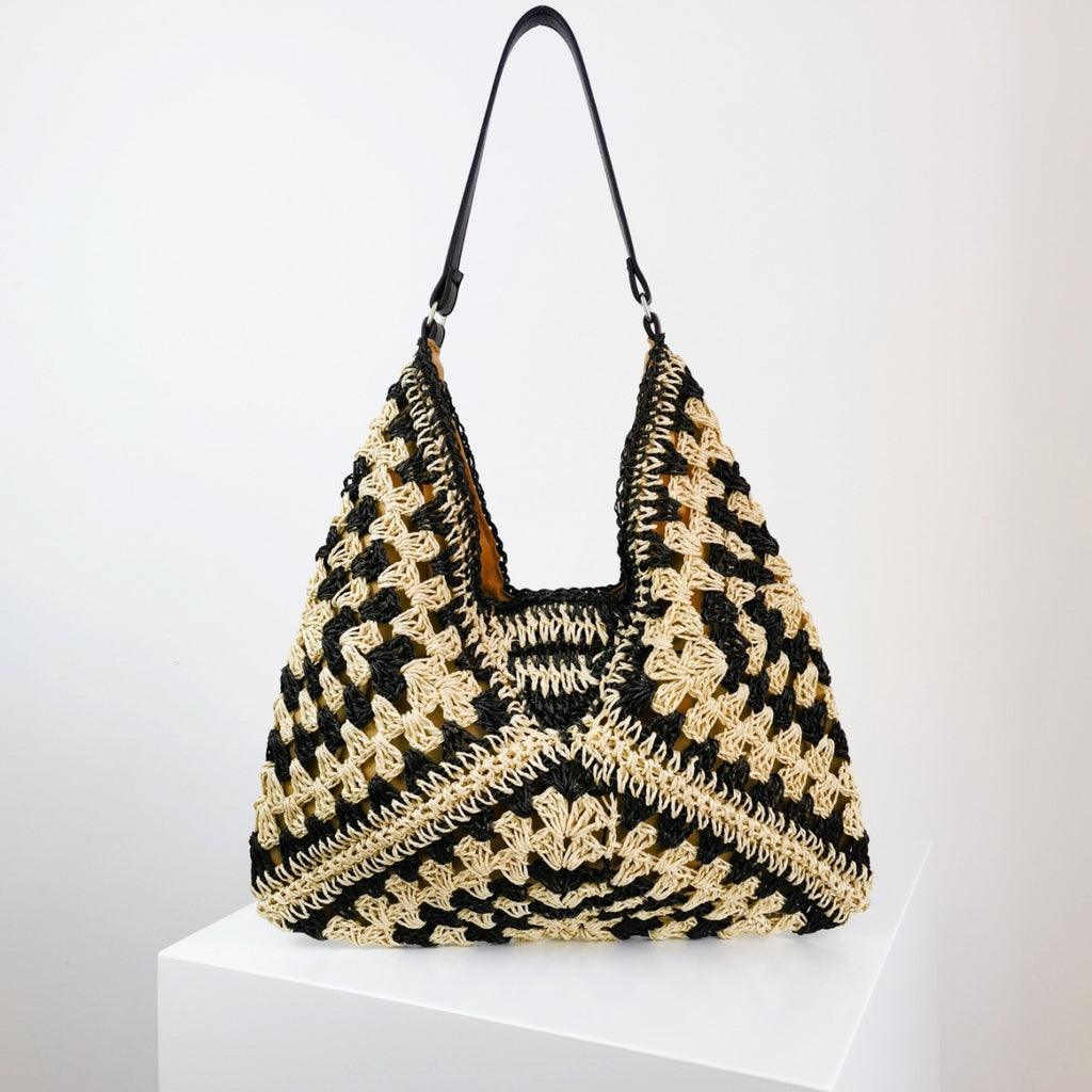 Women’s Handmade Straw Woven Shoulder Bag – Hollow Contrast Color Tote