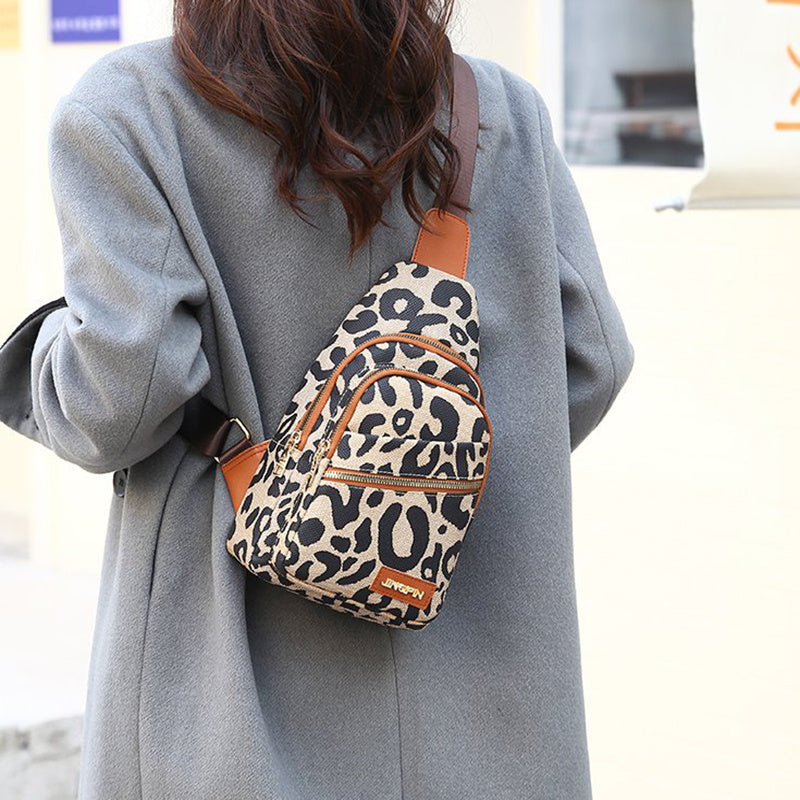 Leopard Print USB Sling Chest Bag for Women – Headphone Jack Crossbody Backpack
