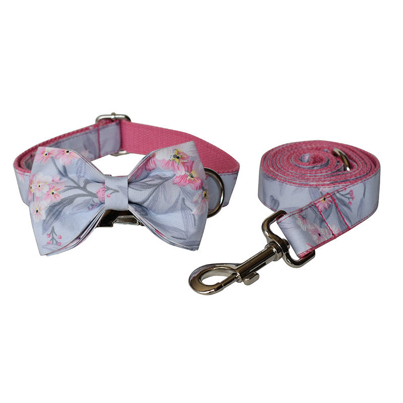 Pet Dog Collar & Leash Set with Ink-Painting Print + Bow – Stylish Pet Accessory