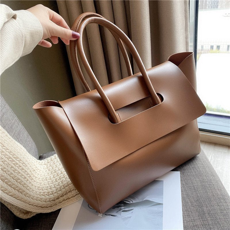 Large Capacity Women’s PU Leather Shoulder Tote Bag – Solid Colour Retro Style Handbag