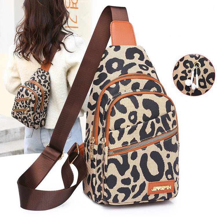 Leopard Print USB Sling Chest Bag for Women – Headphone Jack Crossbody Backpack