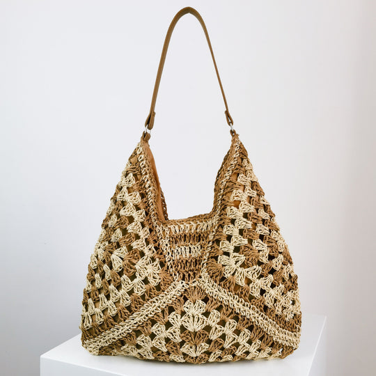 Women’s Handmade Straw Woven Shoulder Bag – Hollow Contrast Color Tote