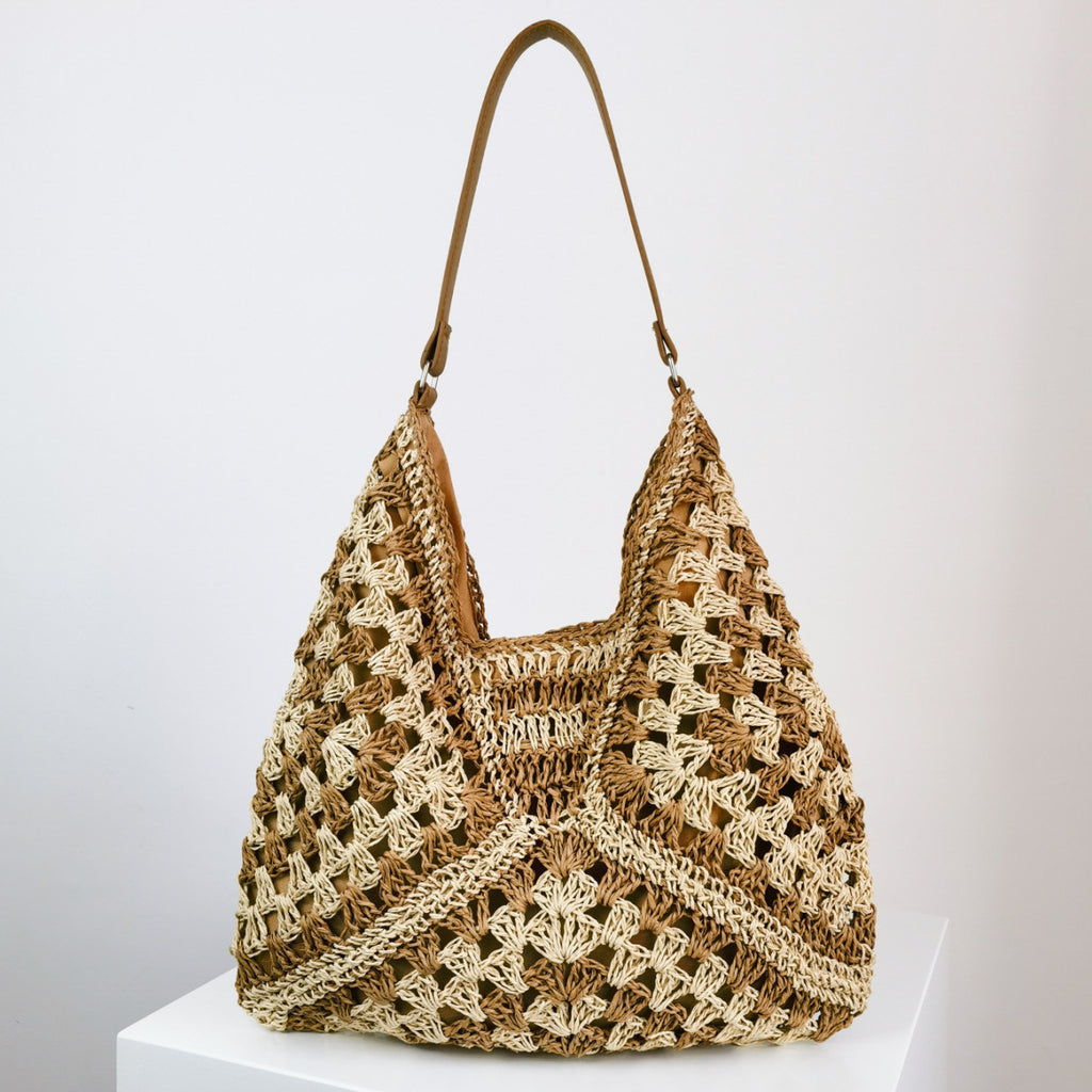 Women’s Handmade Straw Woven Shoulder Bag – Hollow Contrast Color Tote