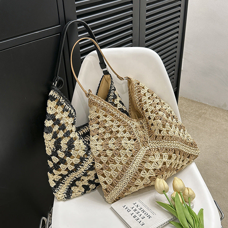 Women’s Handmade Straw Woven Shoulder Bag – Hollow Contrast Color Tote