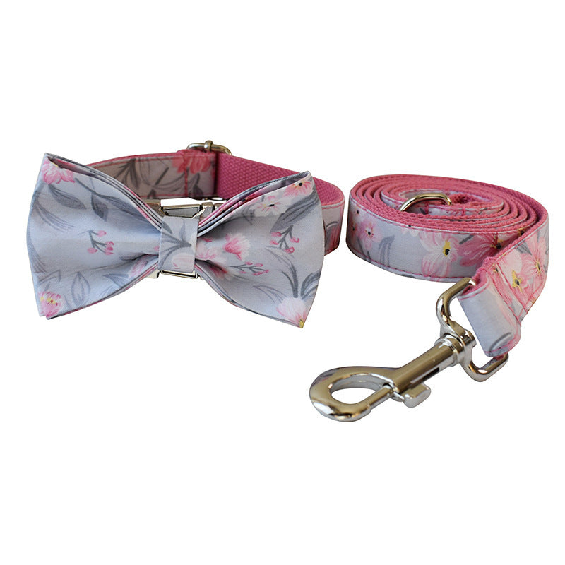 Pet Dog Collar & Leash Set with Ink-Painting Print + Bow – Stylish Pet Accessory