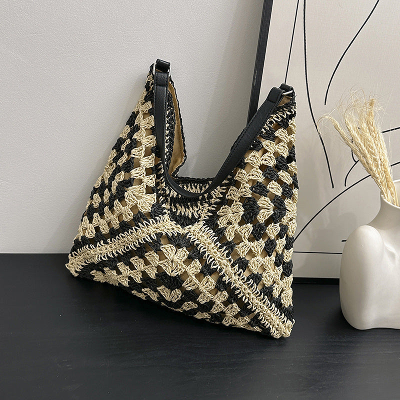 Women’s Handmade Straw Woven Shoulder Bag – Hollow Contrast Color Tote